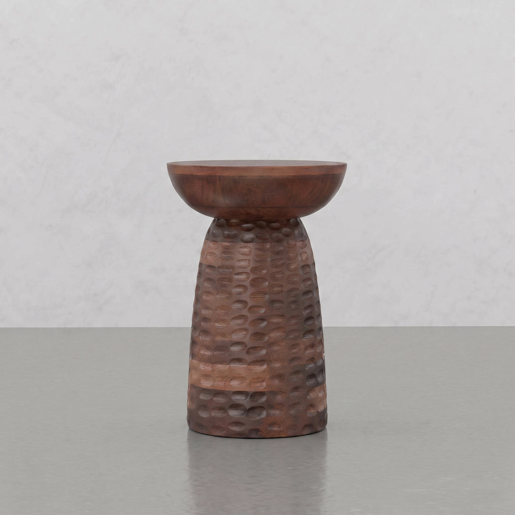 Round Pedestal Accent Table with Dimple Detail - Dark Brown