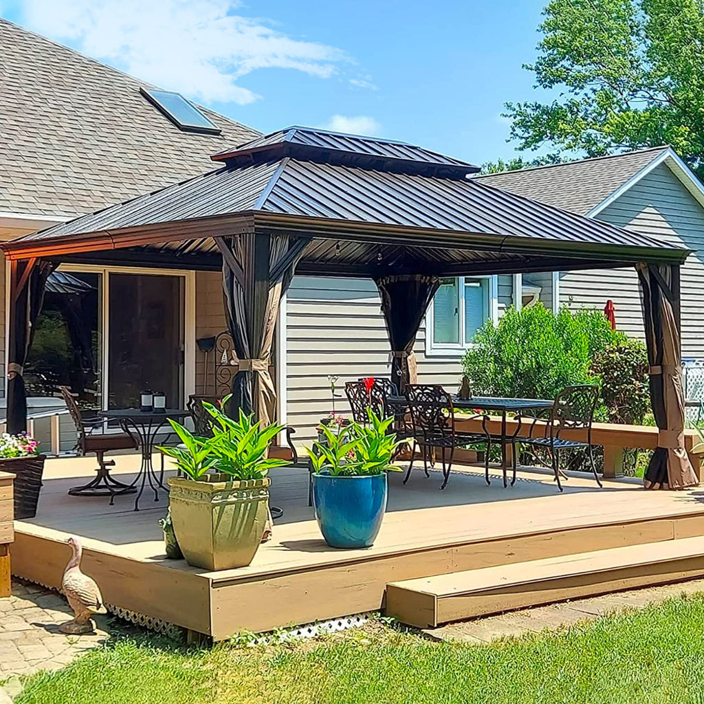 12' x 16' Hardtop Gazebo with Double Canopy - Brown