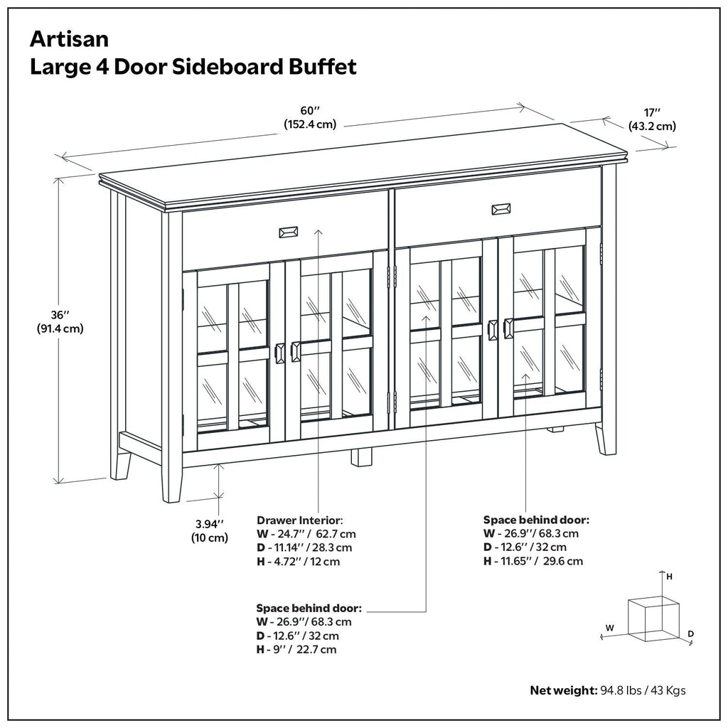 Artisan 4 Door Sideboard Buffet with Adjustable Shelves - Dark Brown or Black