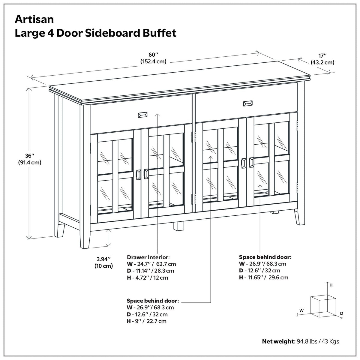 Artisan 4 Door Sideboard Buffet with Adjustable Shelves - Dark Brown or Black