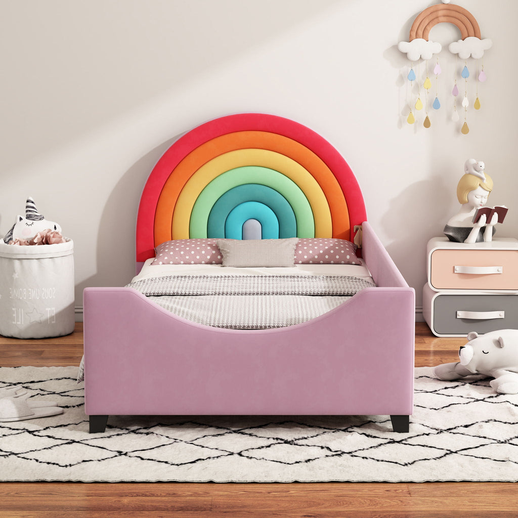 Rainbow Upholstered Twin Daybed with Safety Fence - Colorful / Pink