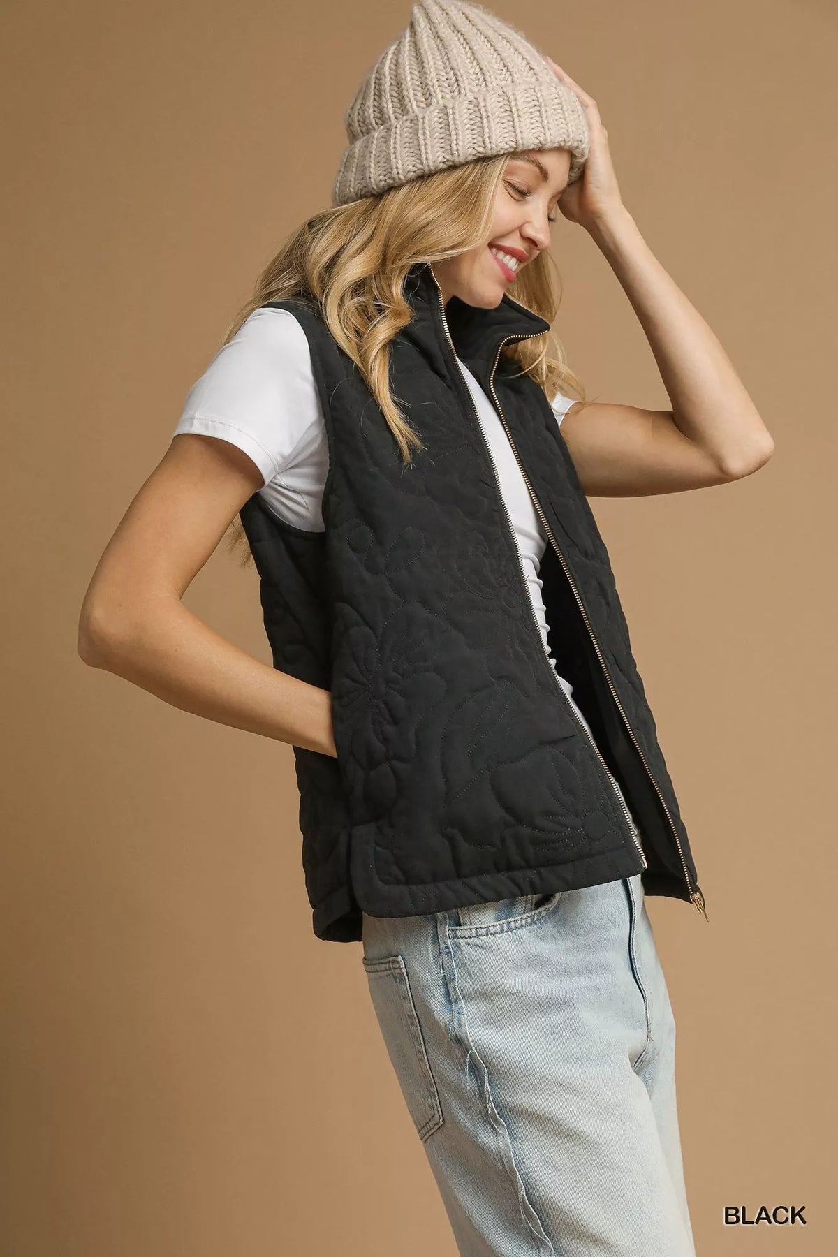 Umgee Quilted Floral Zip Up Vest with Pockets