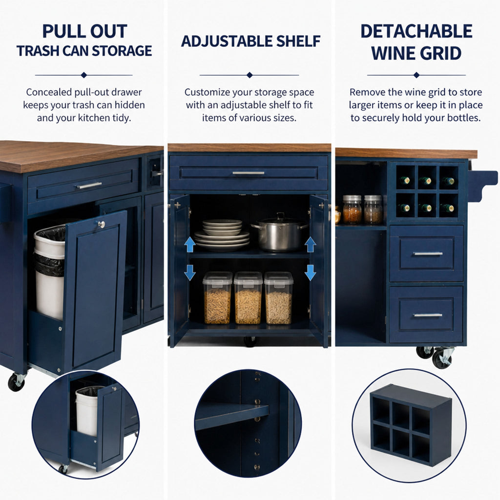 Rolling Kitchen Island Cart with Drop-Leaf and Rubber Wood Top - Natural