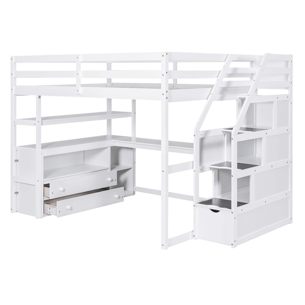 Loft Bed with Desk and Storage Staircase - Full or Twin, White or Gray
