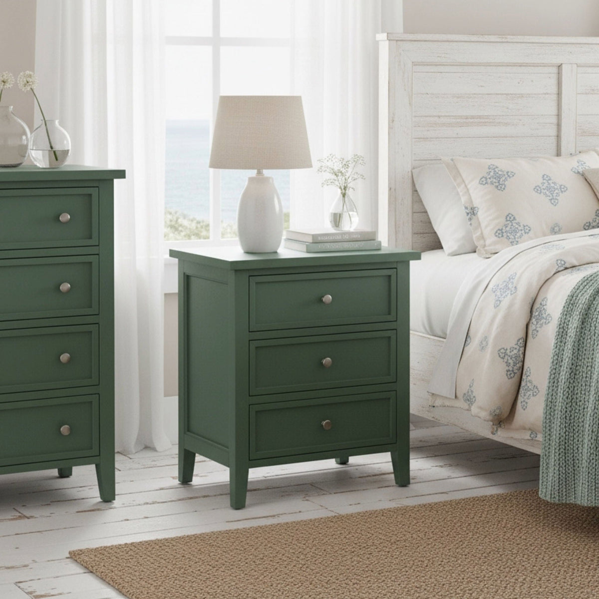 3 Drawer Nightstand with Metal Glides - White, Blue, Dark Green