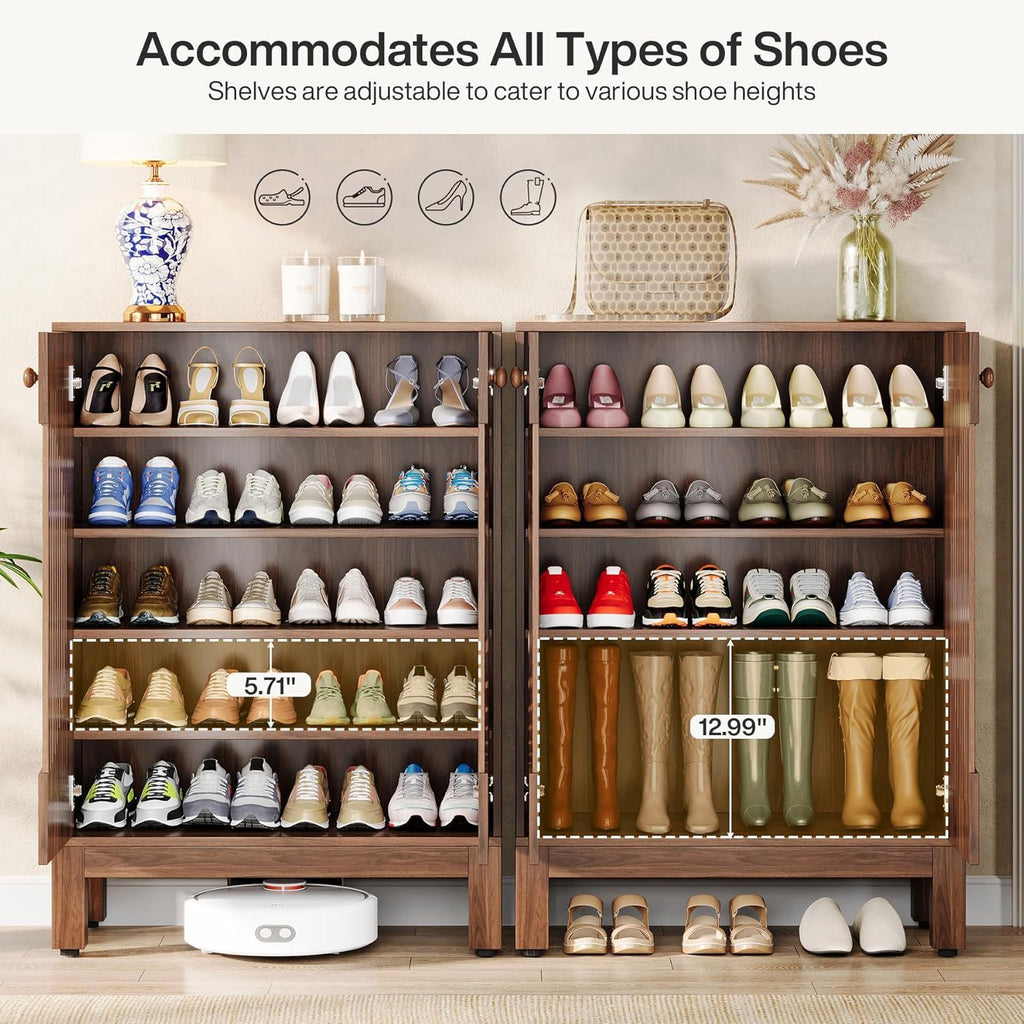 5 Tier Shoe Cabinet with Louvered Doors - Brown