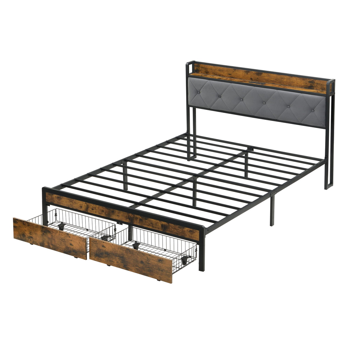 Modern Platform Bed Frame with LED Lights and USB Charging - Dark Brown or Light Brown