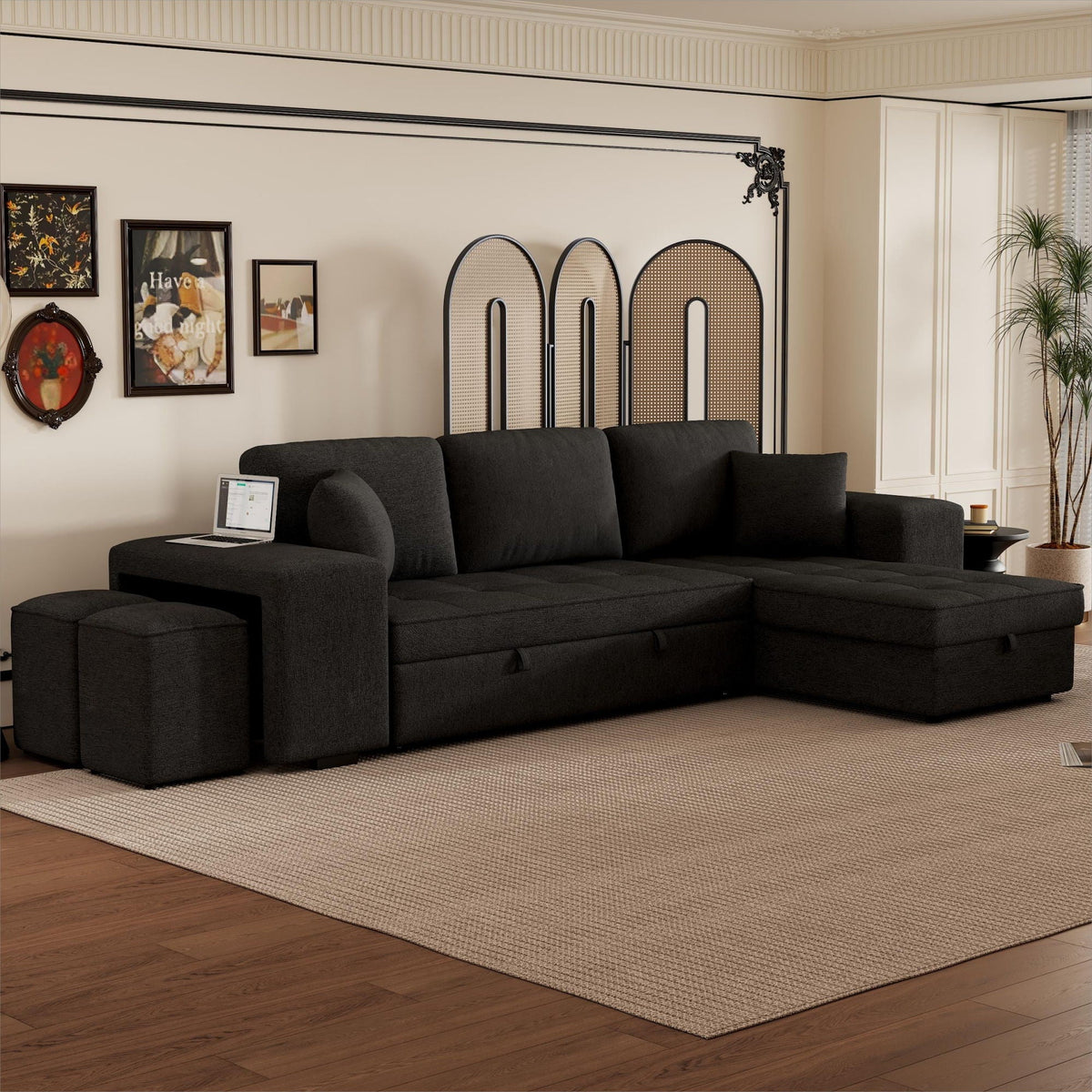 Reversible L-Shape Sleeper Sectional Sofa with Storage Chaise and 2 Stools - Multiple Colors