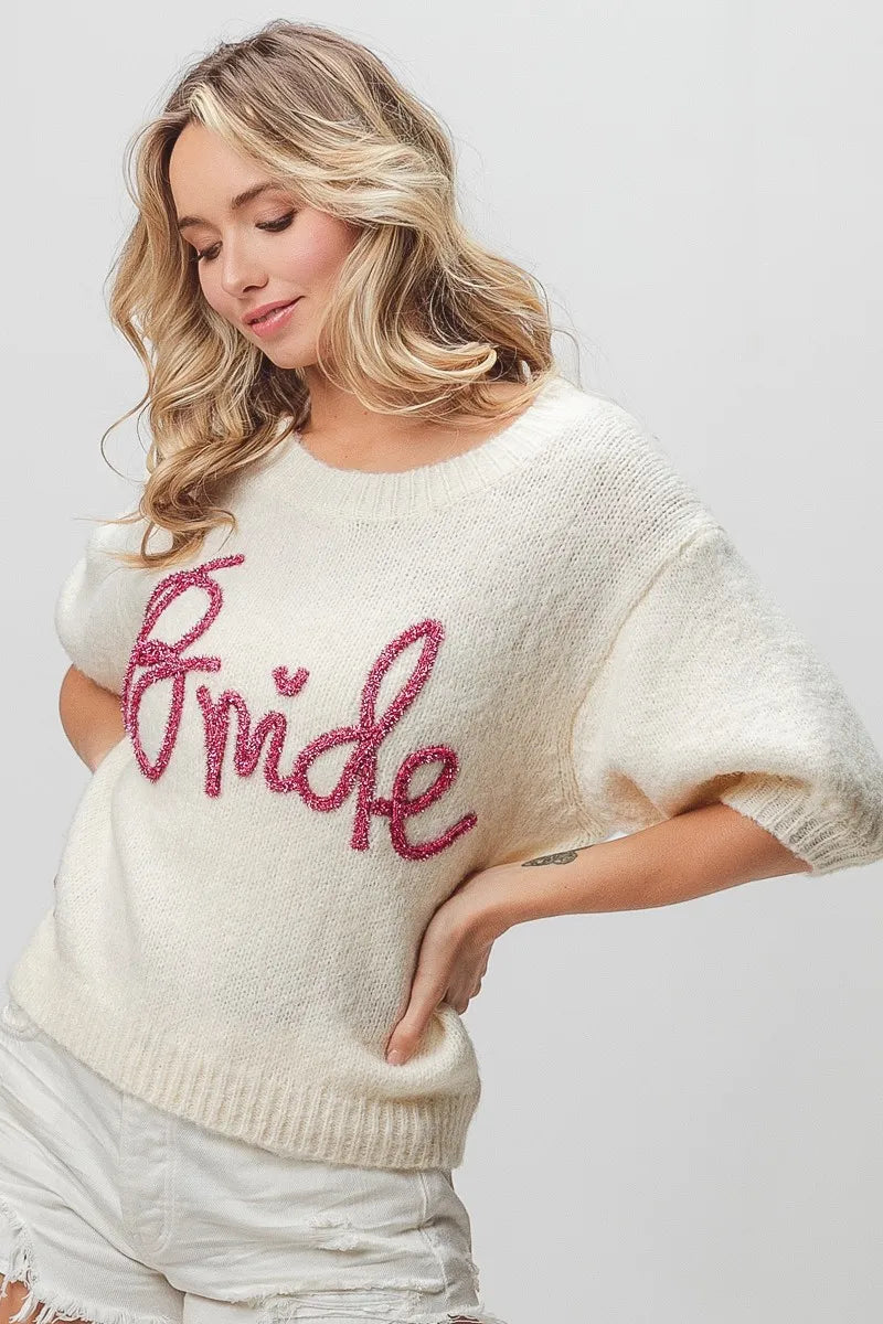 BiBi Metallic Letter Short Puff Sleeve Hairy Sweater