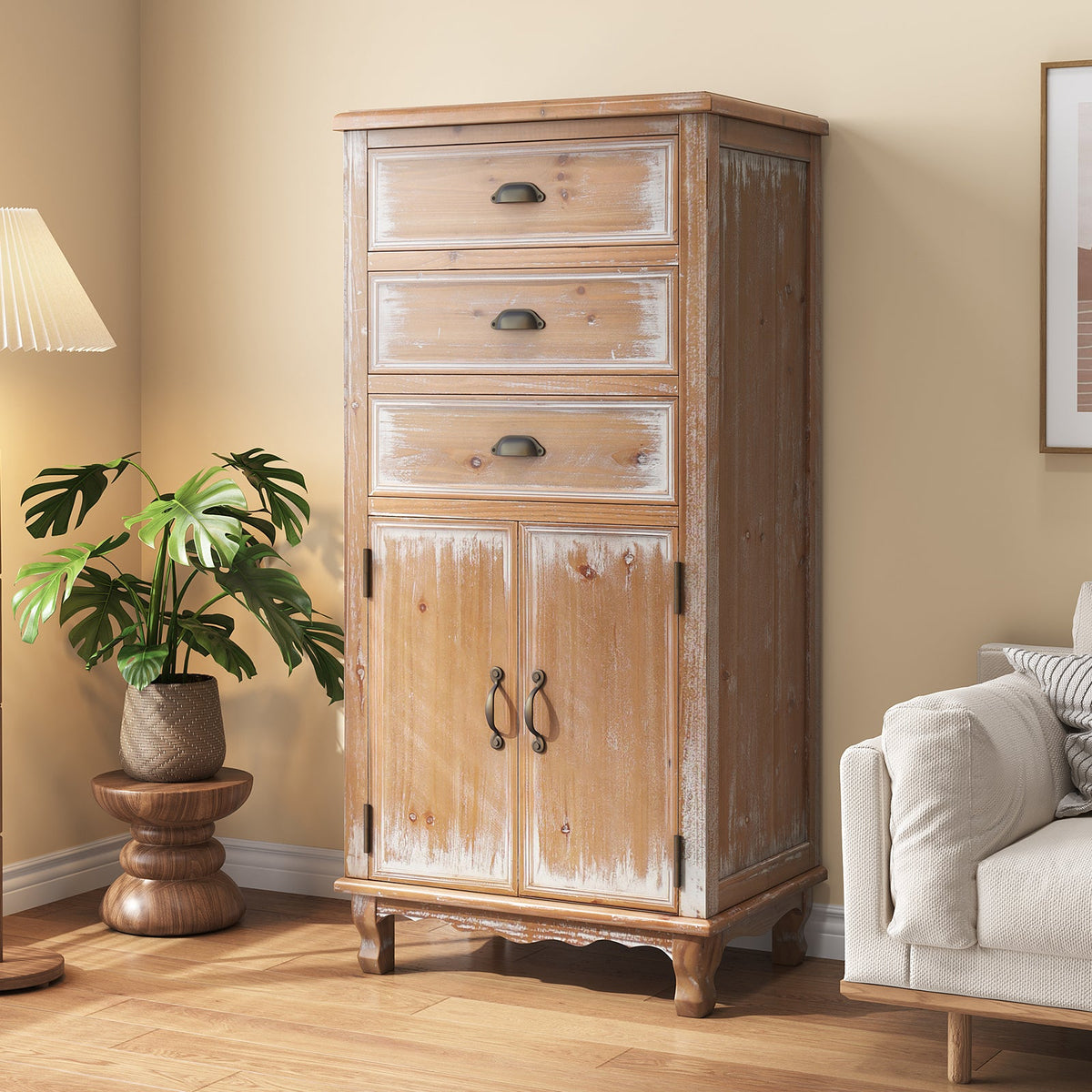 Rustic Wooden Storage Cabinet with Decorative Cutout Door & 3 Drawers - Distressed Wood