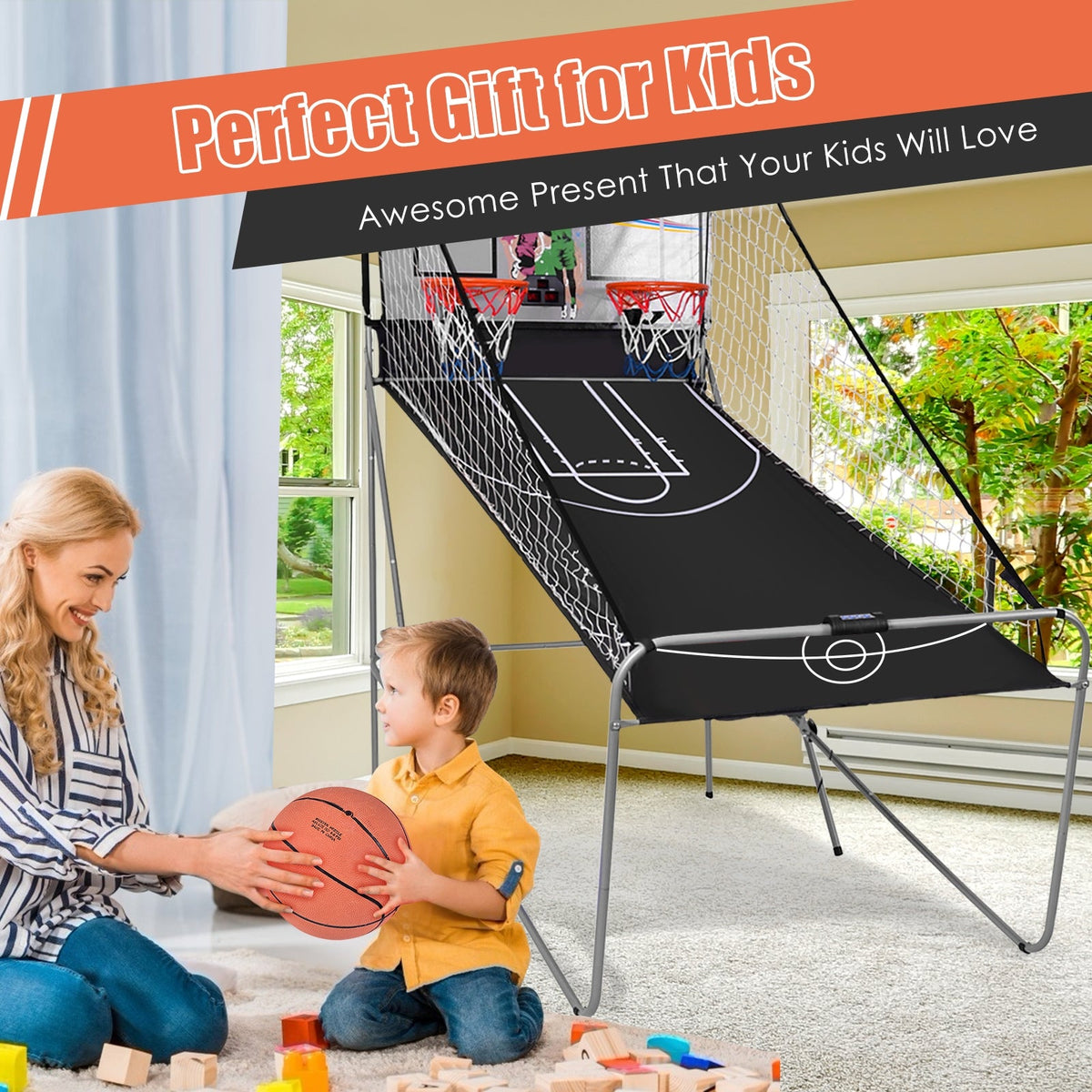 Foldable Double Electronic Basketball Game with 4 Balls Indoor-Gray