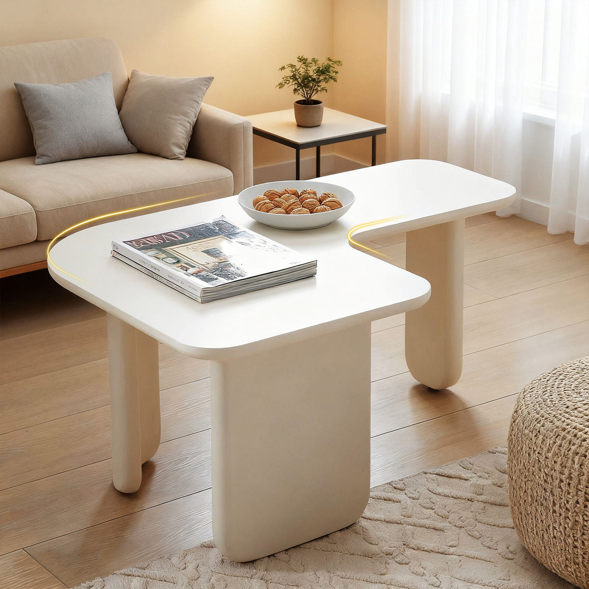 L-Shape Coffee Table with Modular Nesting Design - White or Dark Brown