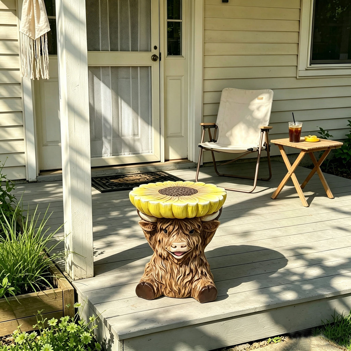 Highland Cow Stool with Sunflower Top - Resin Farmhouse Stool