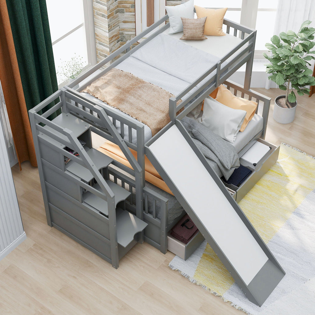 Bunk Bed With Storage Staircase, Slide, Desk, Drawers, And Shelves