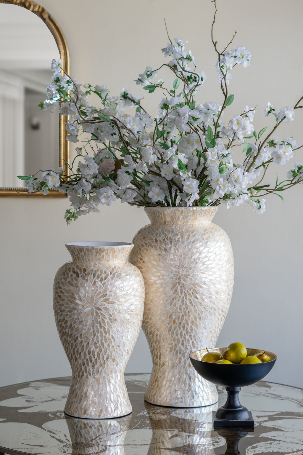 Large Vase with Capiz Shell Motif - Gold & White