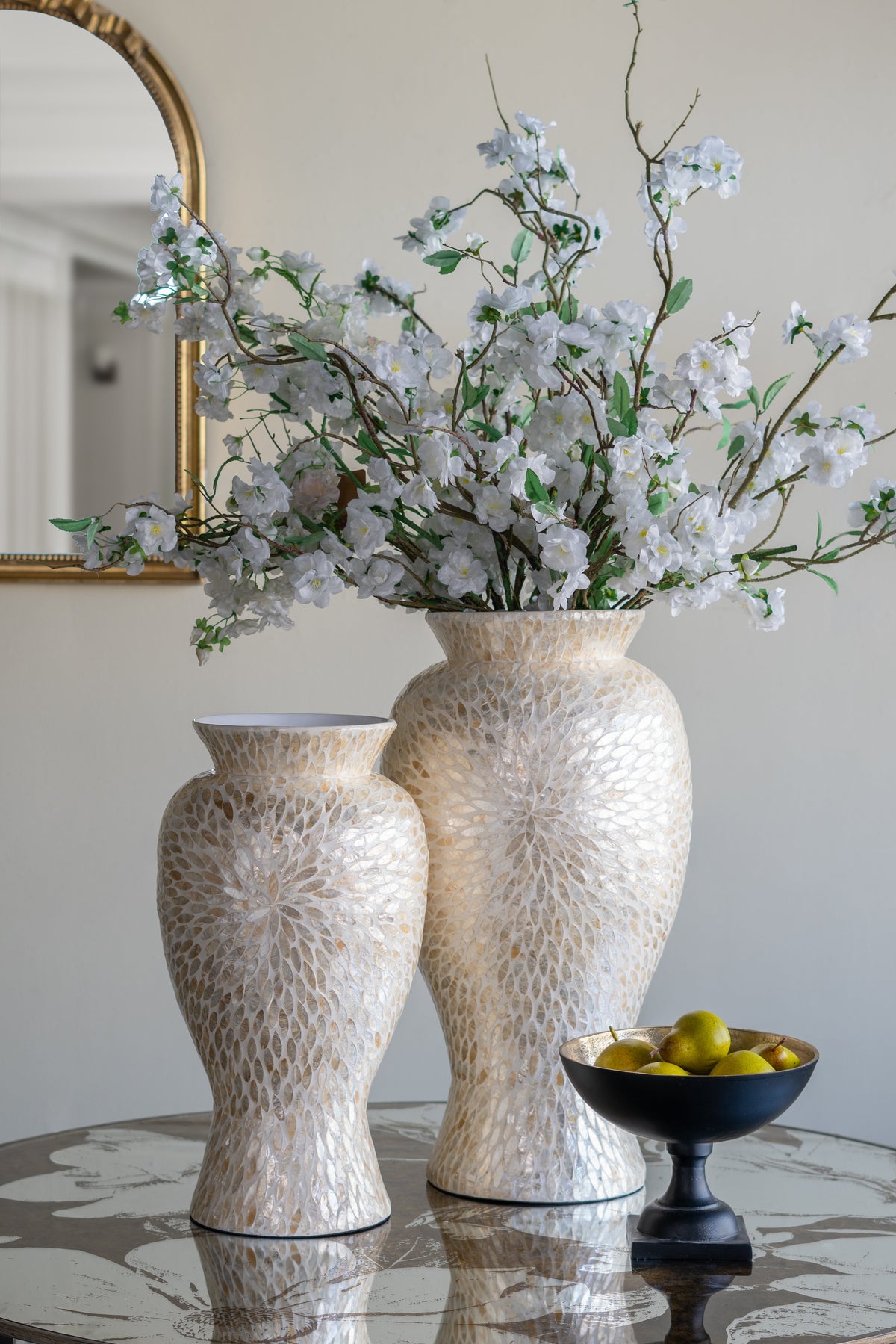 Large Vase with Capiz Shell Motif - Gold & White