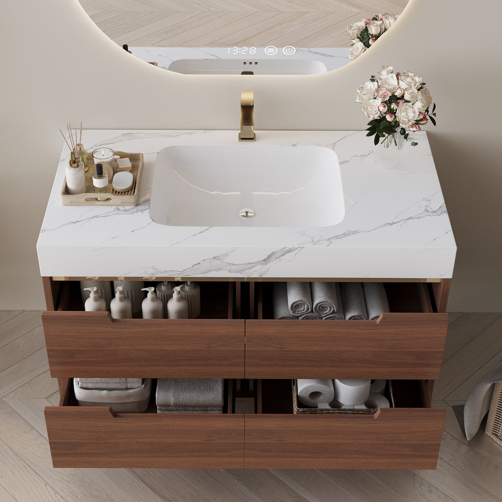 Farmhouse Sintered Stone Bathroom Vanity with Undermount Sink - Walnut, White