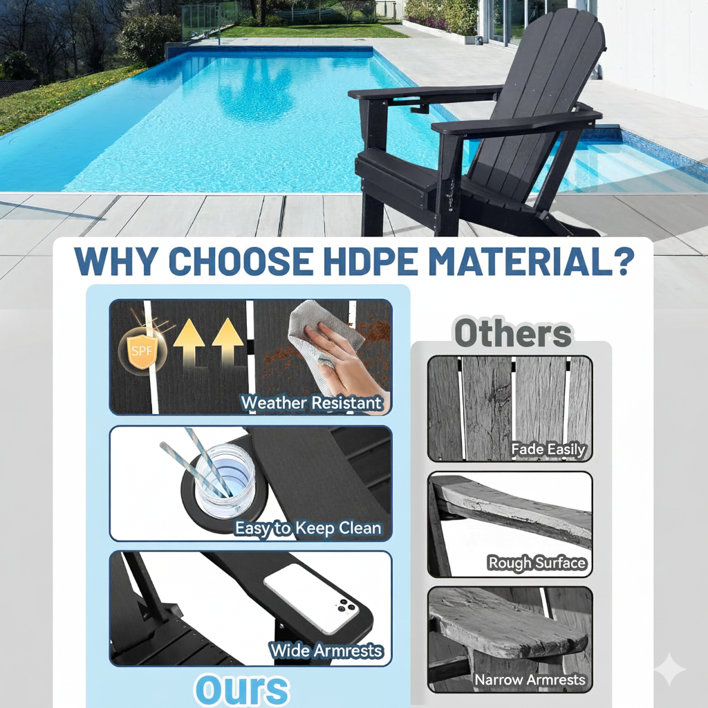 Black Folding Adirondack Chair with Cup Holder - HDPE Outdoor Patio Seating