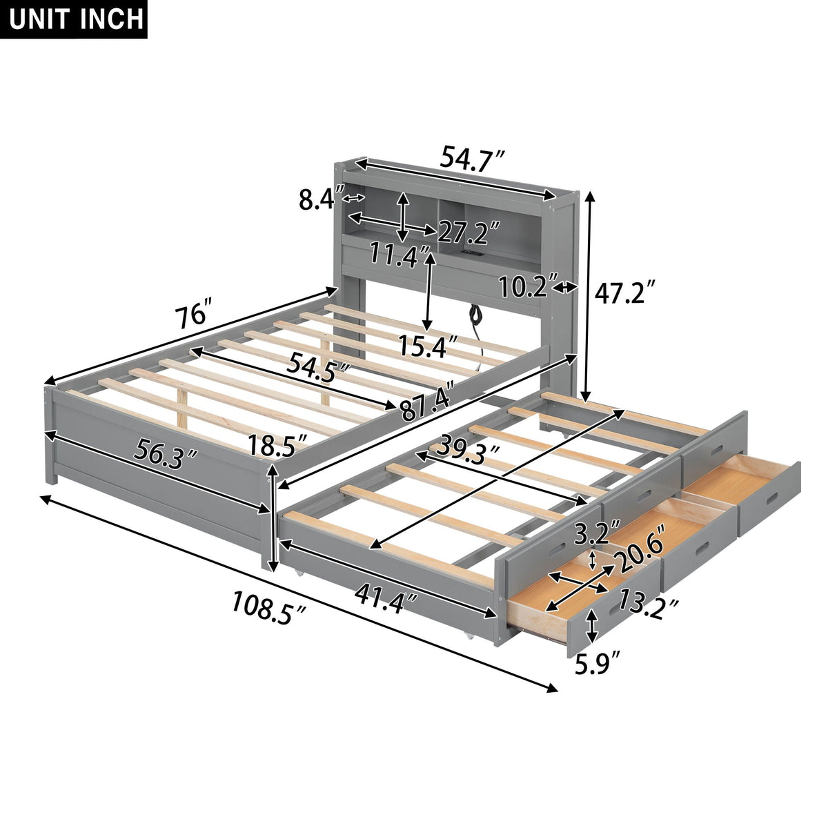 Full Size Platform Trundle Bed with Drawers and USB Ports - Gray