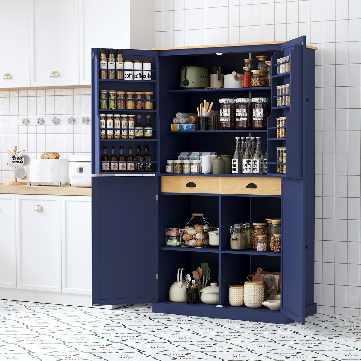Large Freestanding Kitchen Pantry Storage Cabinet with Adjustable Shelves - Blue, Gray, White