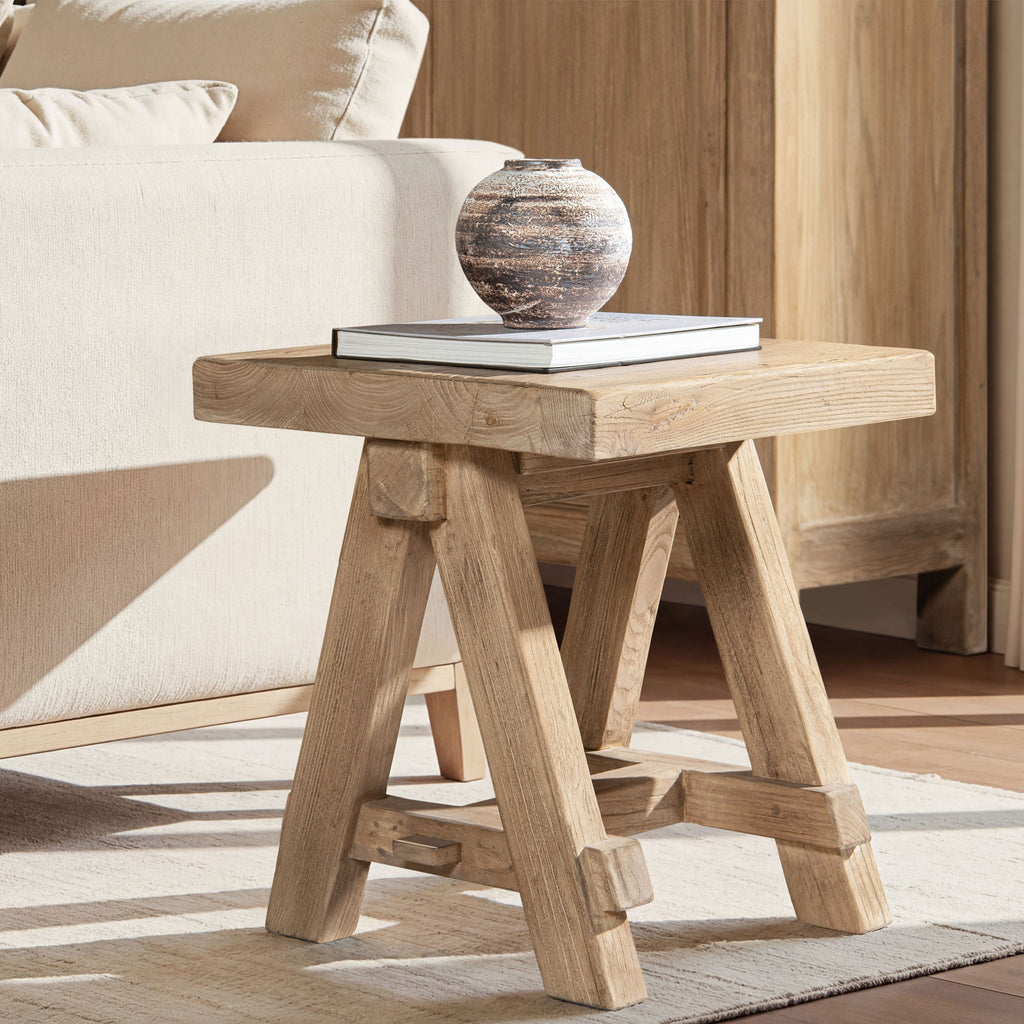 Trestle Coffee Table with Solid Reclaimed Elm Construction - Dark or Light Brown
