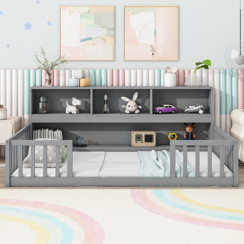Twin Storage Bed with Bedside Bookcase and Guardrails - Gray or White