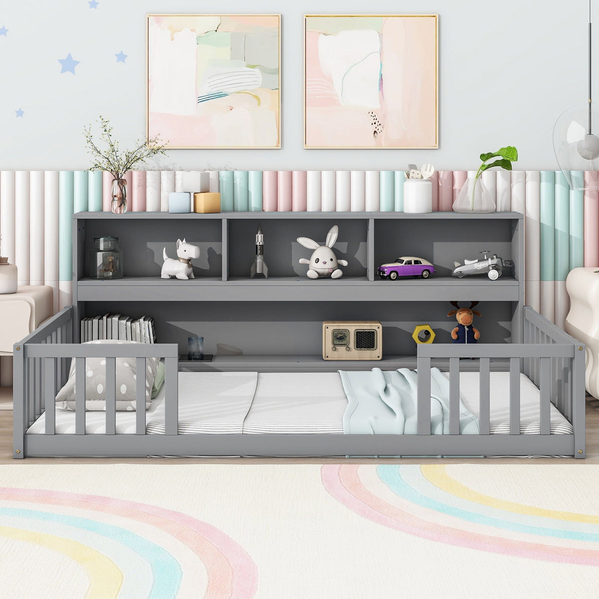 Twin Storage Bed with Bedside Bookcase and Guardrails - Gray or White