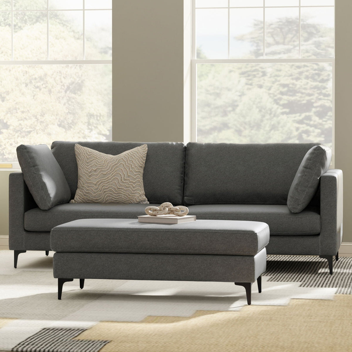 Mid Century Sofa With Ottoman Set in Performance Fabric - Dark Gray or Beige
