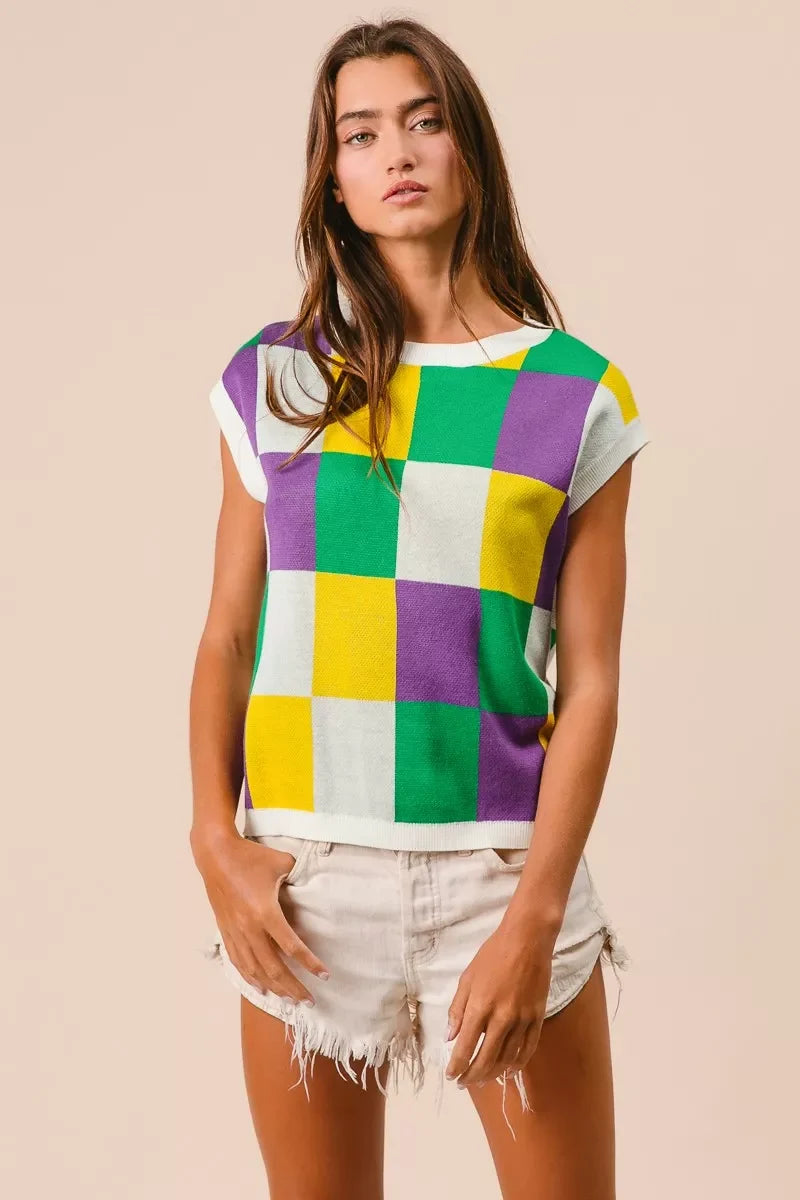 BiBi Mardi Gras Checker Pattern Sleeveless Sweater Top