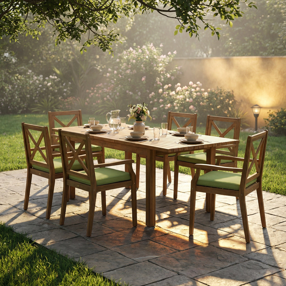 Acacia Wood Outdoor Dining Set with Expanding Table - Teak