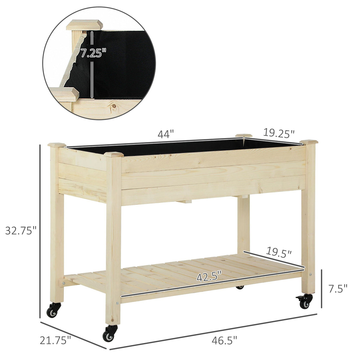 Raised Wooden Planter Box with Lockable Wheels - Natural