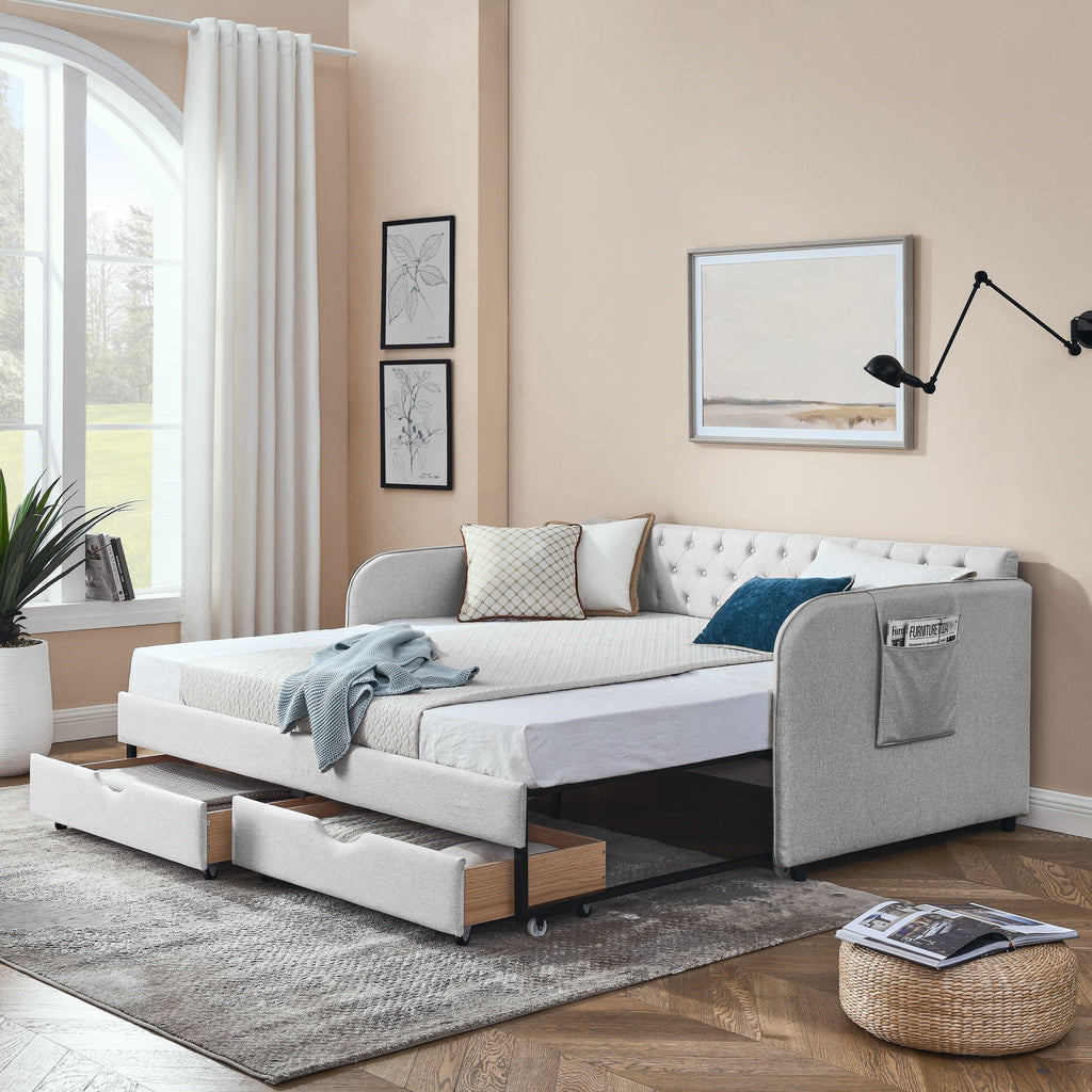 Daybed with Trundle and Storage Drawers - Twin, Fabric Upholstered - Multiple Colors