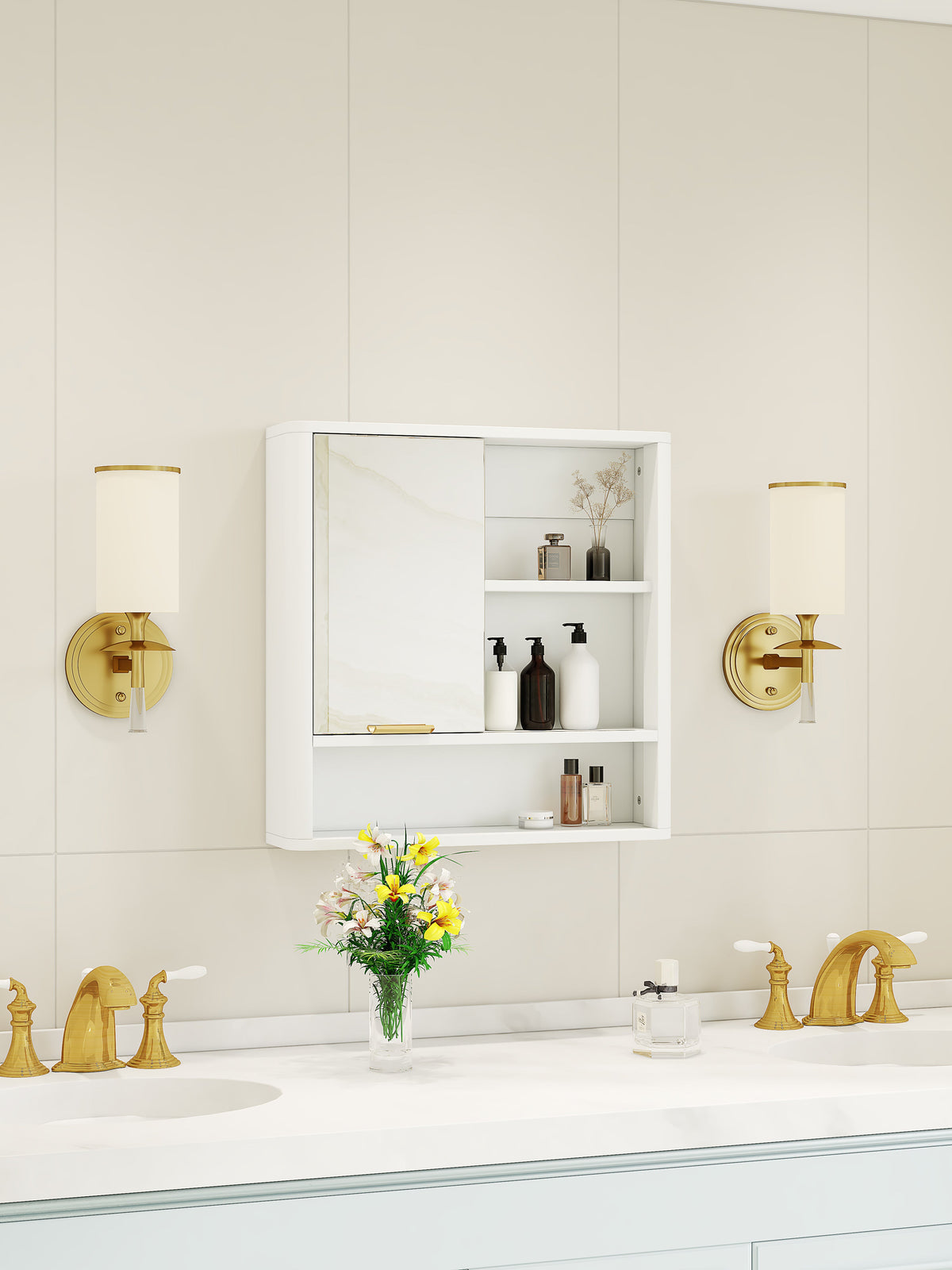 Modern Bathroom Mirror Cabinet with Open Shelves - Bathroom Storage, MDF