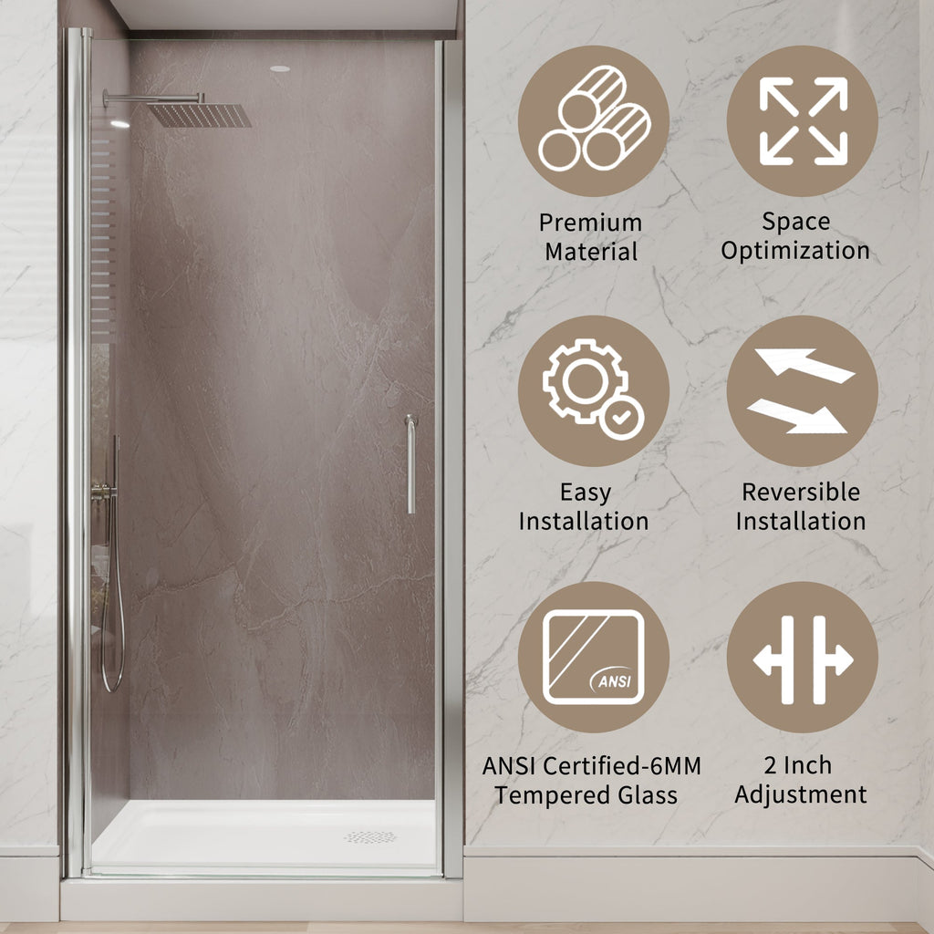 34 to 36 Inch Semi-Frameless Pivot Shower Door with Adjustable Reversible Design - Silver