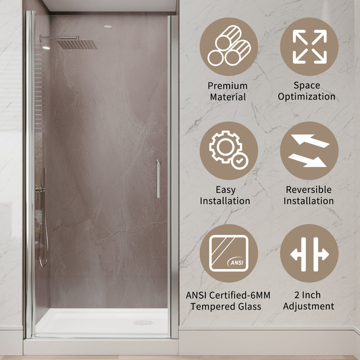 34 to 36 Inch Semi-Frameless Pivot Shower Door with Adjustable Reversible Design - Silver