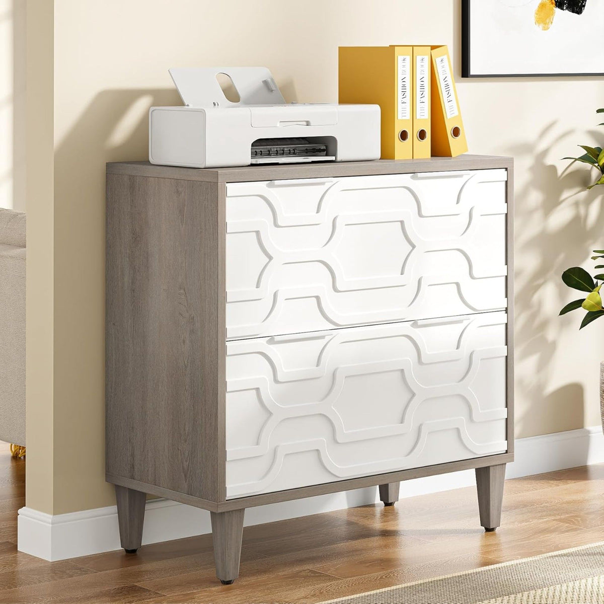2 Drawer Lateral File Cabinet with Dual-Space Drawers - Gray / White