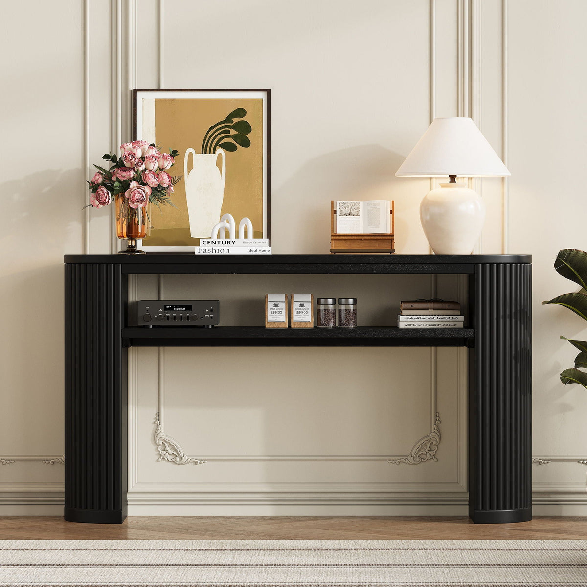 Console Table With Fluted Legs and Open Shelf - Available in Black, Light Brown, Dark Brown