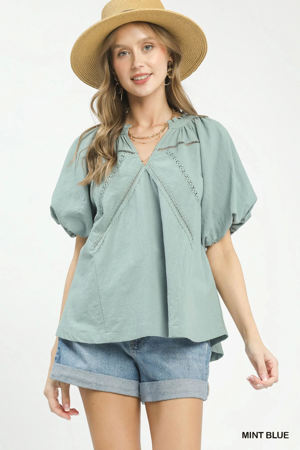 Umgee Lace Inset Puff Sleeve Boho Blouse
