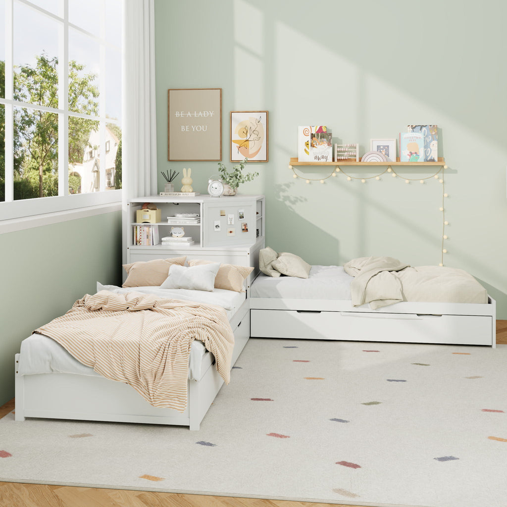 L-Shaped Bed Frame with Trundle, Desk & LED Lighting - Twin