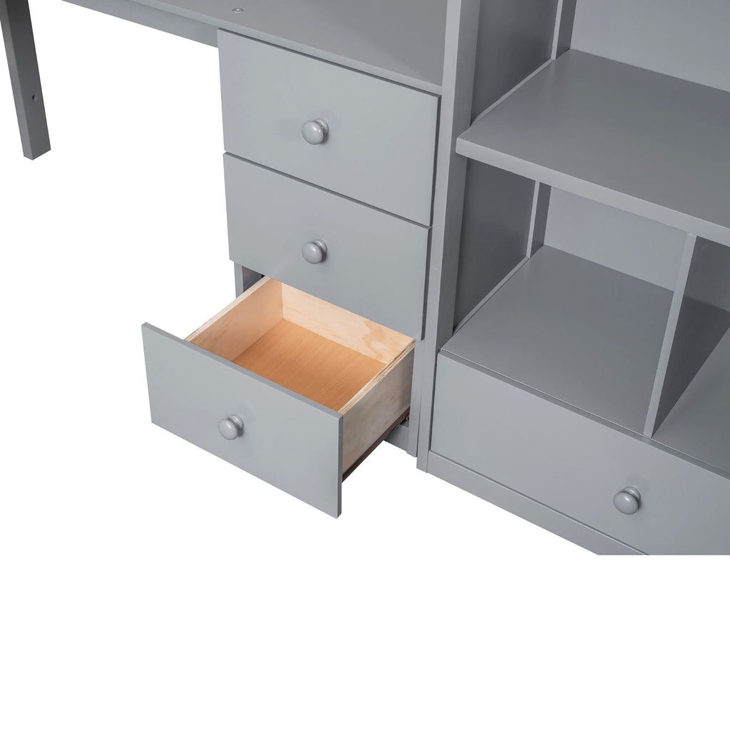 Loft Bed With L Shaped Desk, Drawers, Cabinet, And Storage Staircase