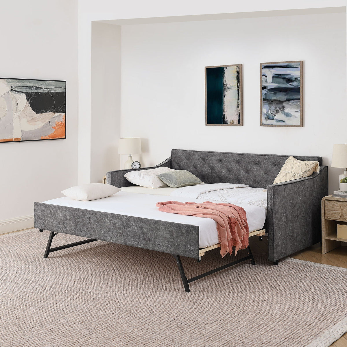 Twin Trundle Bed with Pop Up Trundle and USB Charging Armrest - Multiple Colors