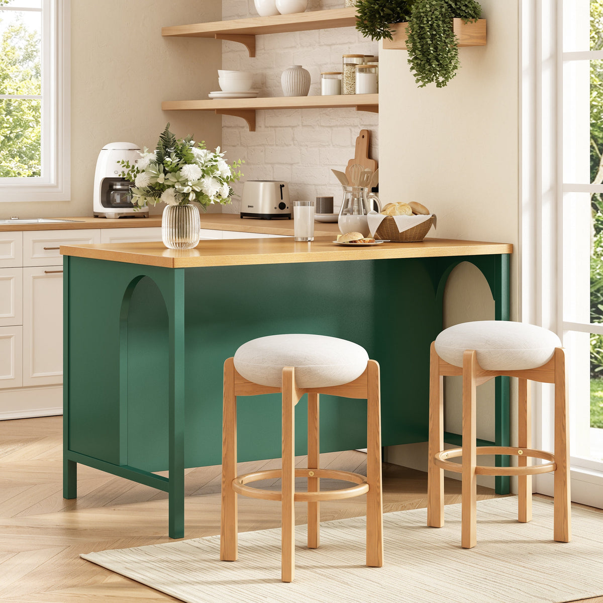 56" Farmhouse Kitchen Island with Open Storage – Green/Natural or White+Natural
