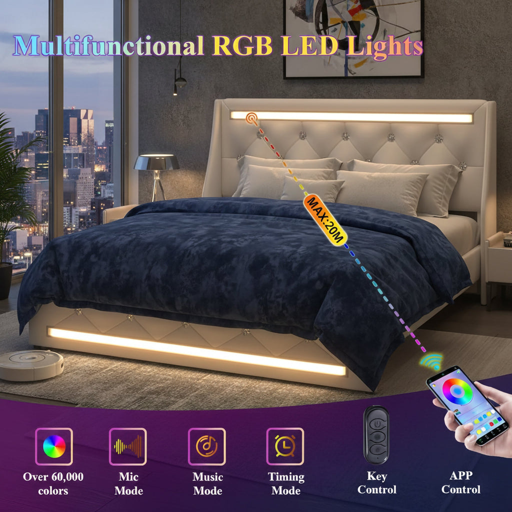 Queen Size Bed Frame with LED Lights and Charging Station