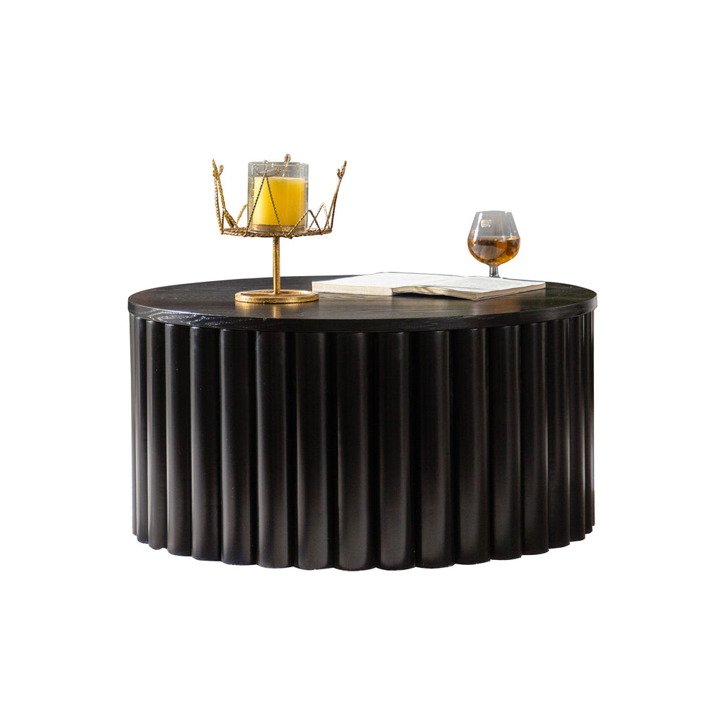 Round Coffee Table with Lift and Handcrafted Relief - Black or Walnut