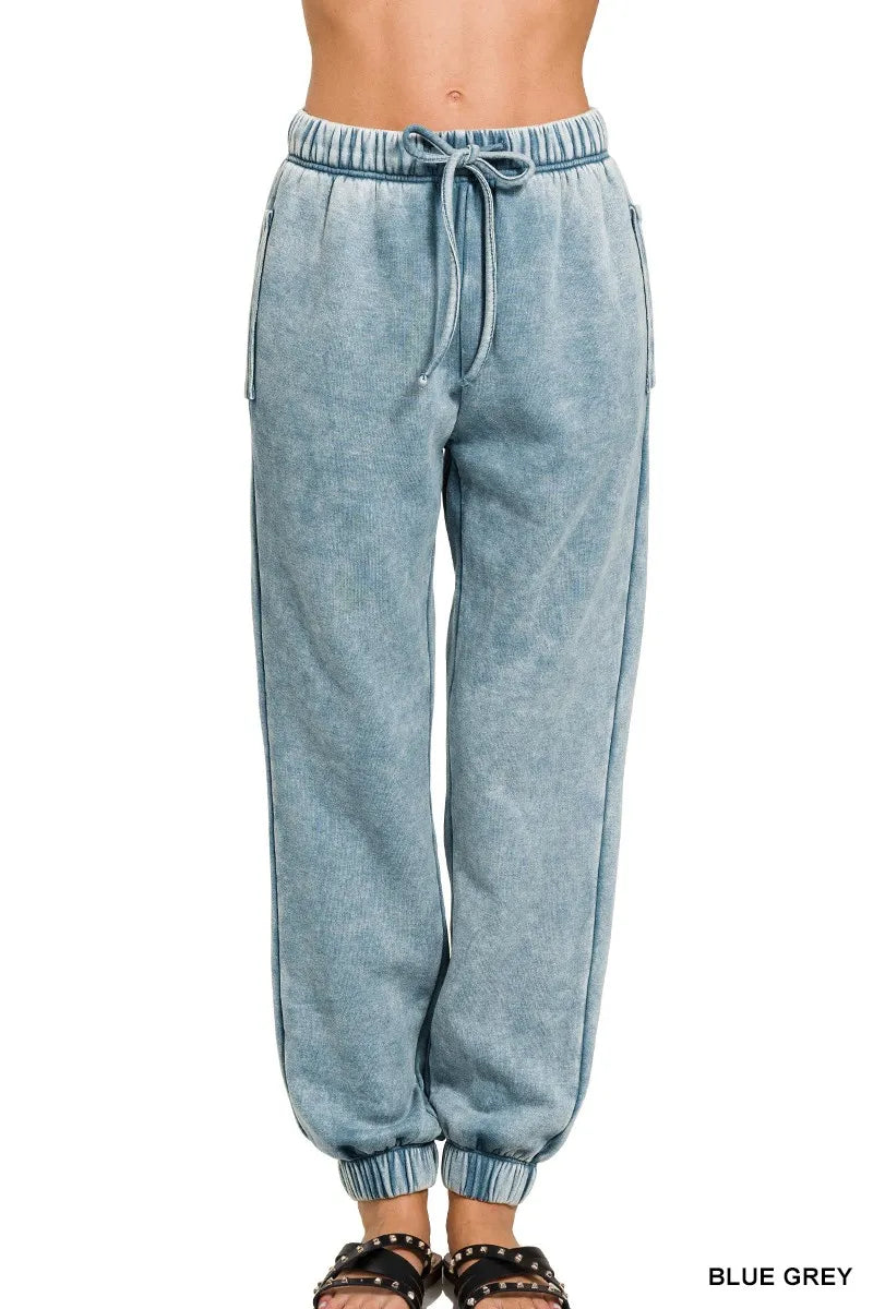 Zenana Acid Wash Fleece Sweatpants with Pockets