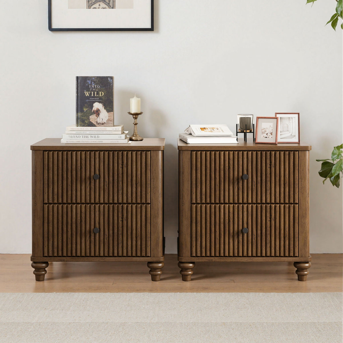 Fluted Nightstand with 3 Drawers - Set of 2 - Dark Brown or Beige