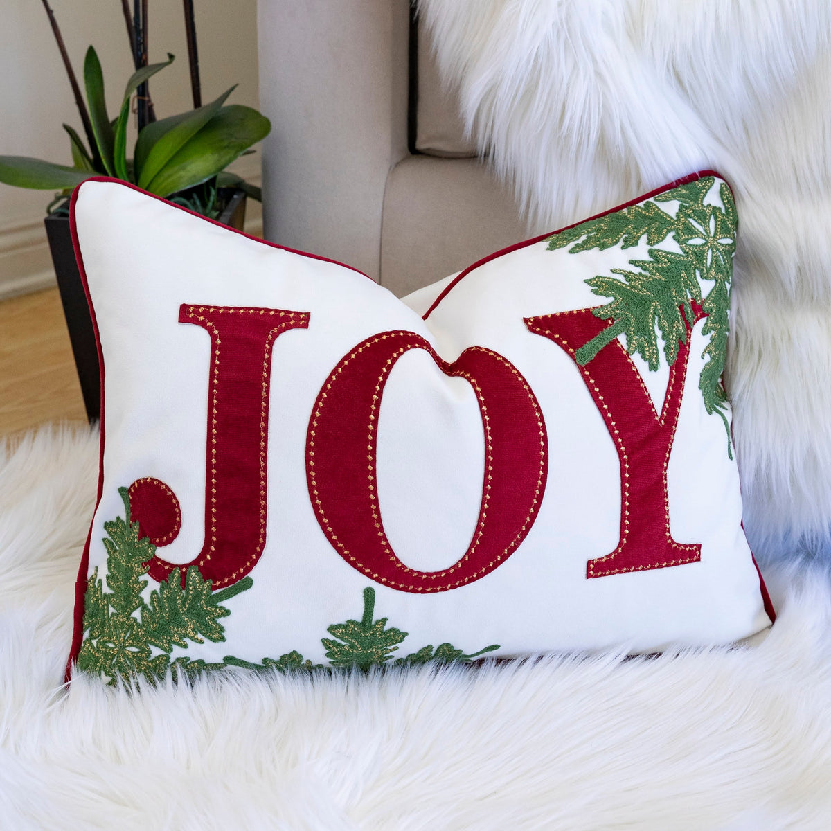 Joy Embroidered Christmas Throw Pillow with Velvet Finish - White and Red