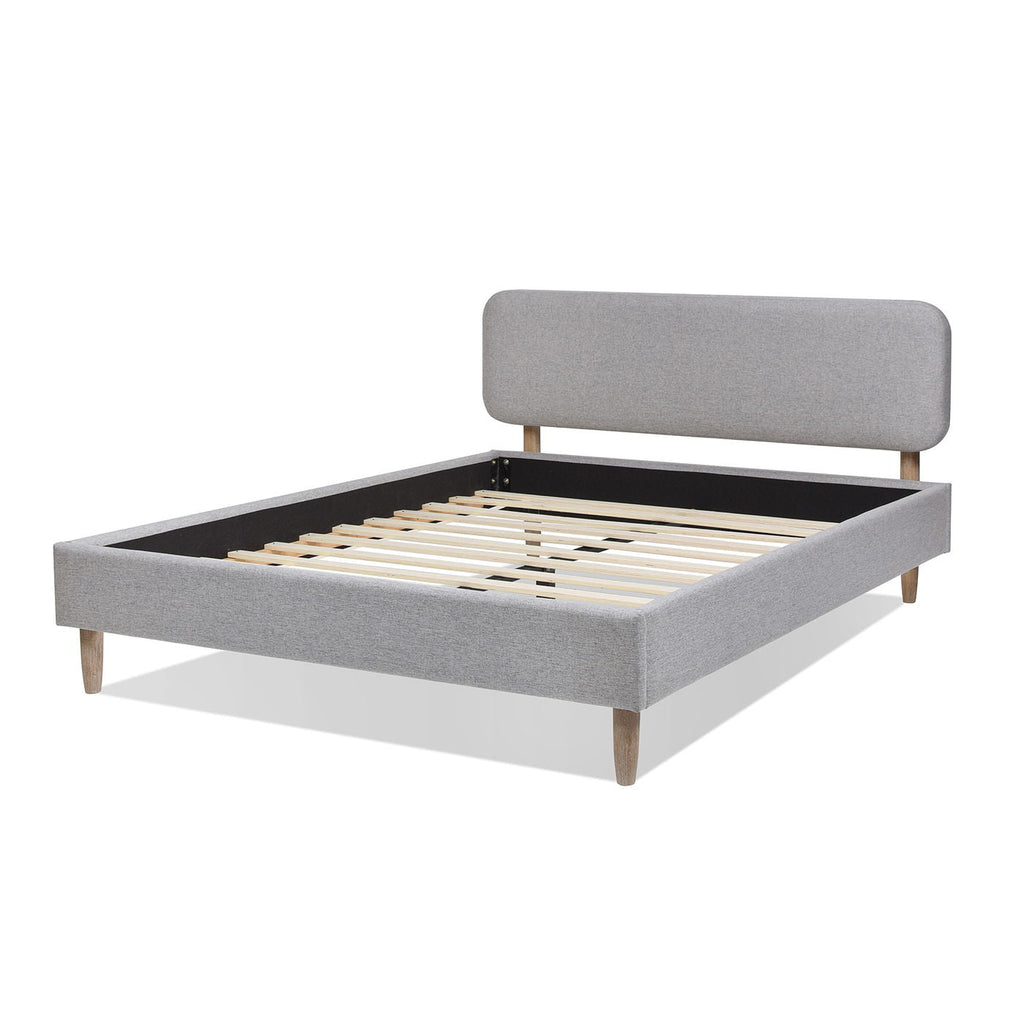 Low Upholstered Platform Bed with Natural Wood Legs - Gray