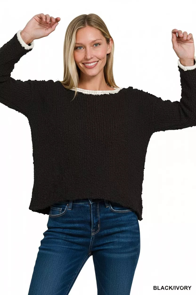 Zenana Contrast Trim Cropped Sweater