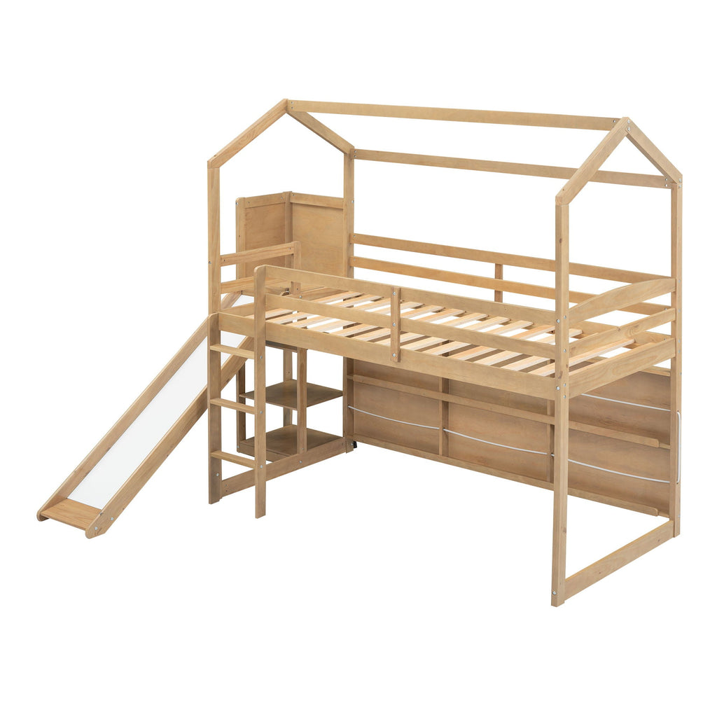 House Loft Bed with Slide and Storage Shelves - Twin with Light